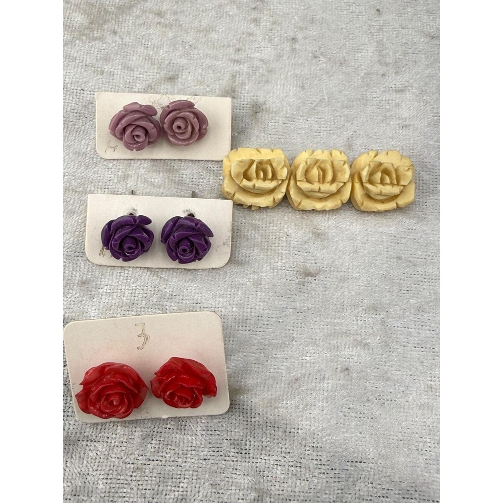 Vintage Estate Flower Jewelry Set Multicolor Acrylic Rose Earrings Brooch Lot